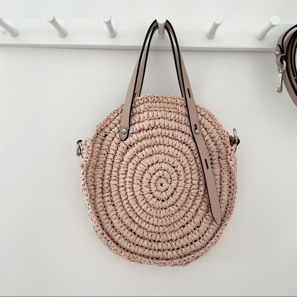 Rebecca Minkoff dusty pink straw circle bag